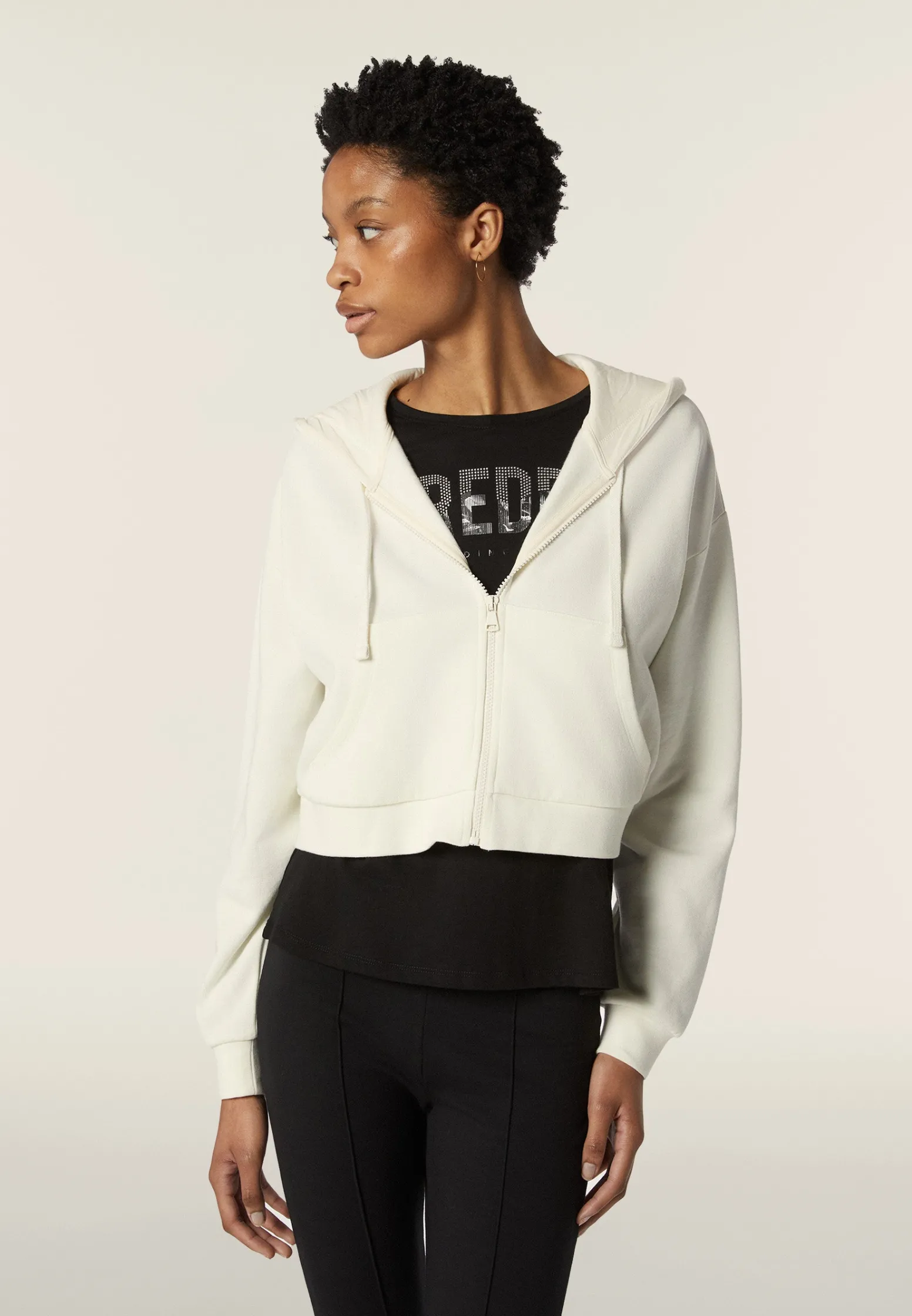 Freddy Felpa corta oversize con zip e cappuccio decorato da ricamo-Donna Felpe