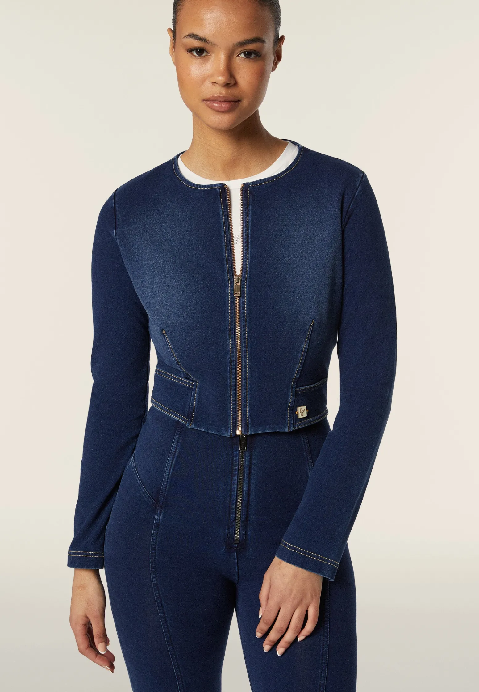 Freddy Giacca corta con zip da donna in jersey effetto denim-Donna Giacche
