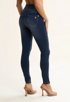 Freddy Pantaloni Vita Alta a incrocio in Jersey Denim effetto used-Donna Jeans E Pantaloni