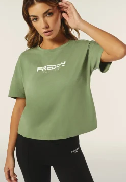Freddy T-shirt donna comfort fit corta con stampa e spacchi-Donna Fitness|T-shirts