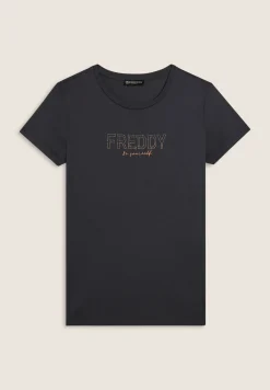 Freddy T-shirt donna con mini spacchi laterali e logo in strass-Donna Ginnastica|T-shirts