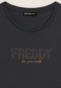 Freddy T-shirt donna con mini spacchi laterali e logo in strass-Donna Ginnastica|T-shirts