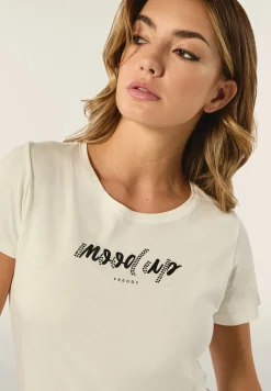 Freddy T-shirt donna girocollo con scritta decorata da strass-Donna T-shirts