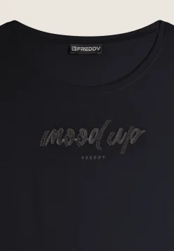 Freddy T-shirt donna girocollo con scritta decorata da strass-Donna T-shirts