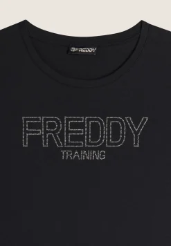 Freddy T-shirt donna in jersey con logo composto da borchie-Donna Ginnastica|T-shirts