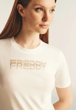 Freddy T-shirt girocollo con grafica dorata e perline-Donna Padel|Pilates