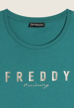 Freddy T-shirt in jersey con logo oro chiaro sul fronte-Donna Pilates|Ginnastica
